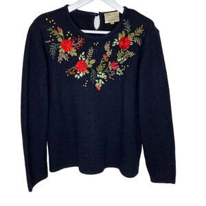 Vintage 80s Black Lambswool Angora Pullover Sweater w/ Floral Embroidery, Large